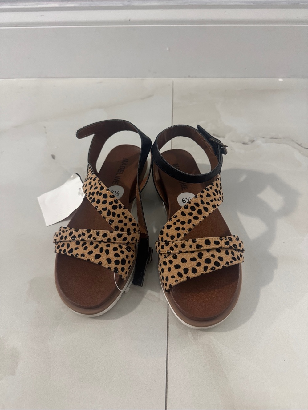 Madeline Tan Leopard-Print & Black Strappy Sandals